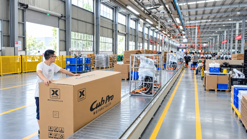 KAMAX CBU motorcycle packaging line with fully assembled motorcycles prepared for export.