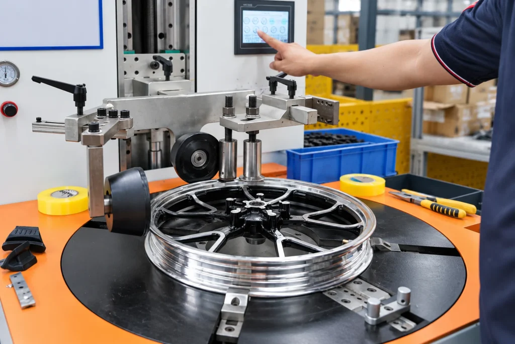 KAMAX factory technician inspecting motorcycle components during production quality control.
