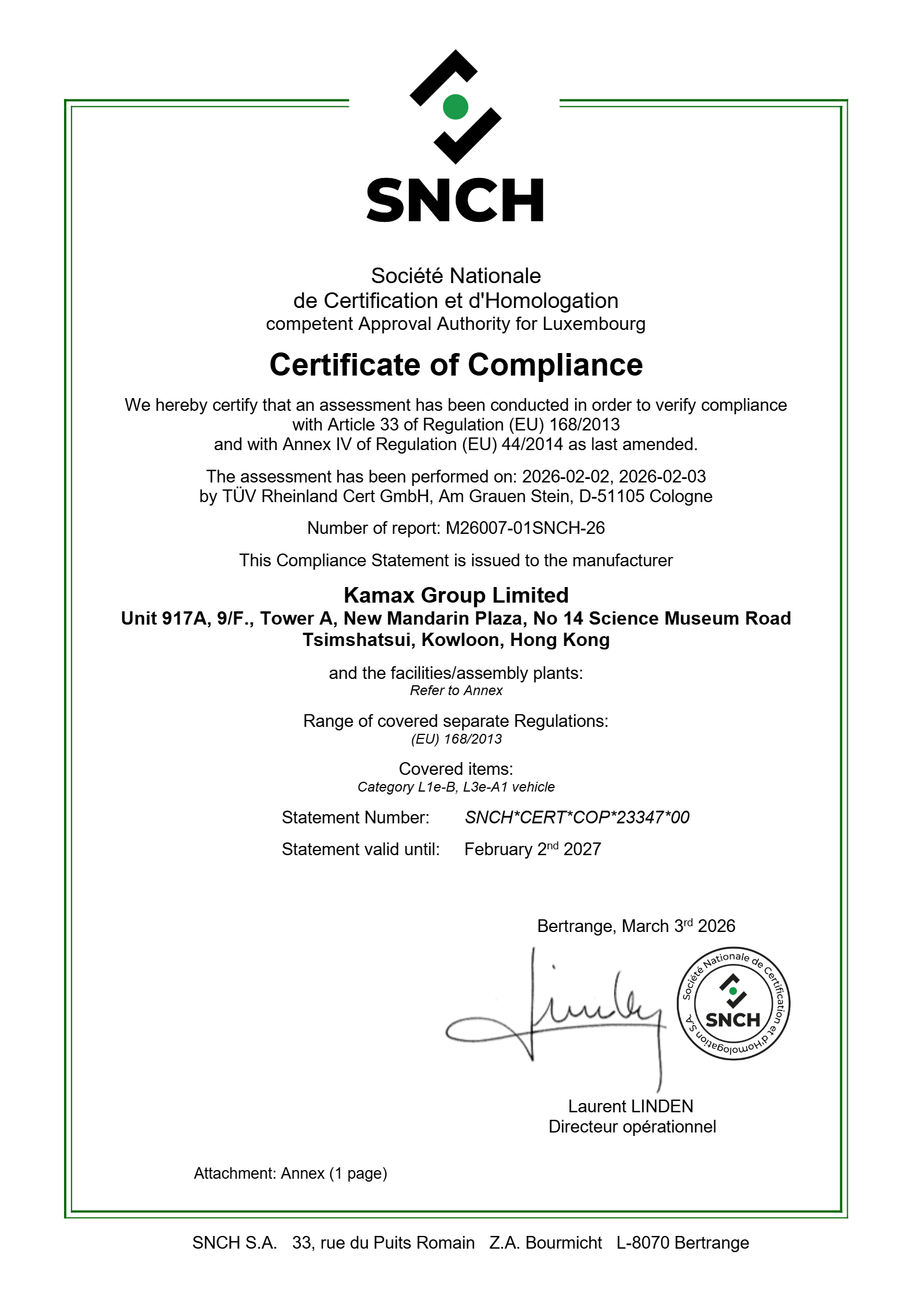 Motorcycle Homologation & Compliance Support - China OEM Motorcycle Manufacturer KAMAX Conformity of Production Compliance Certificate issued by SNCH Luxembourg